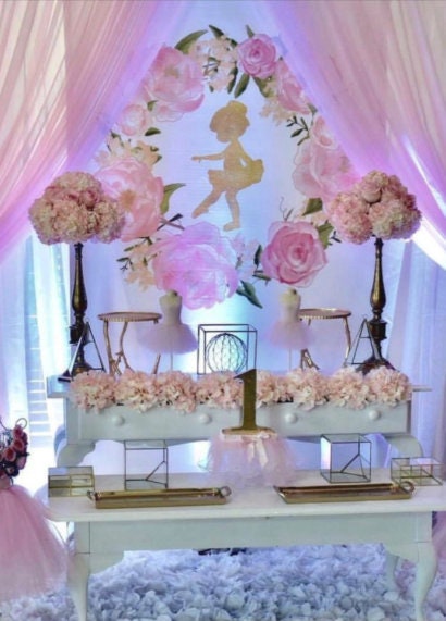 Ballerina Photo Backdrop, Faux Gold Glitter, Garden Party (Printed or Printable File)