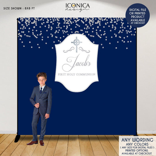 Blue Silver First Communion Photo Booth Backdrop (Printed or Printable)