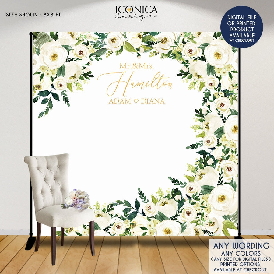 Personalized Wedding Photo Booth Backdrop, White Floral & Greenery
