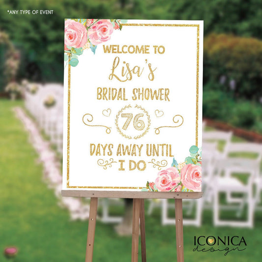 Floral Bridal Shower Welcome Sign, Gold & Pink Decor