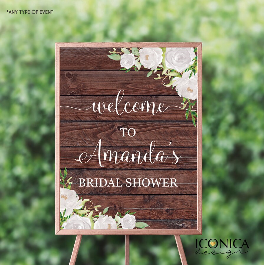 Rustic Bridal Shower Welcome Sign, White Flowers Decor