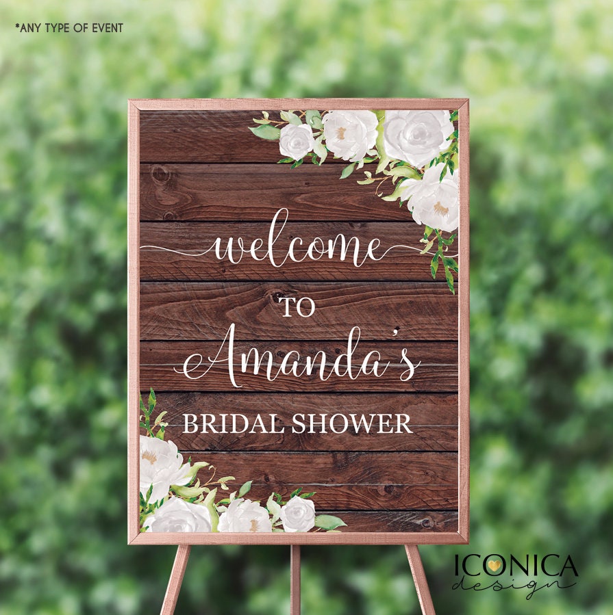 Rustic Bridal Shower Welcome Sign, White Floral Decor