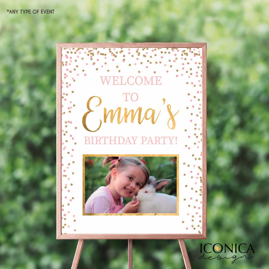 Pink and Gold First Birthday Welcome Sign, Personalized Party Decor (Printed or Digital File)