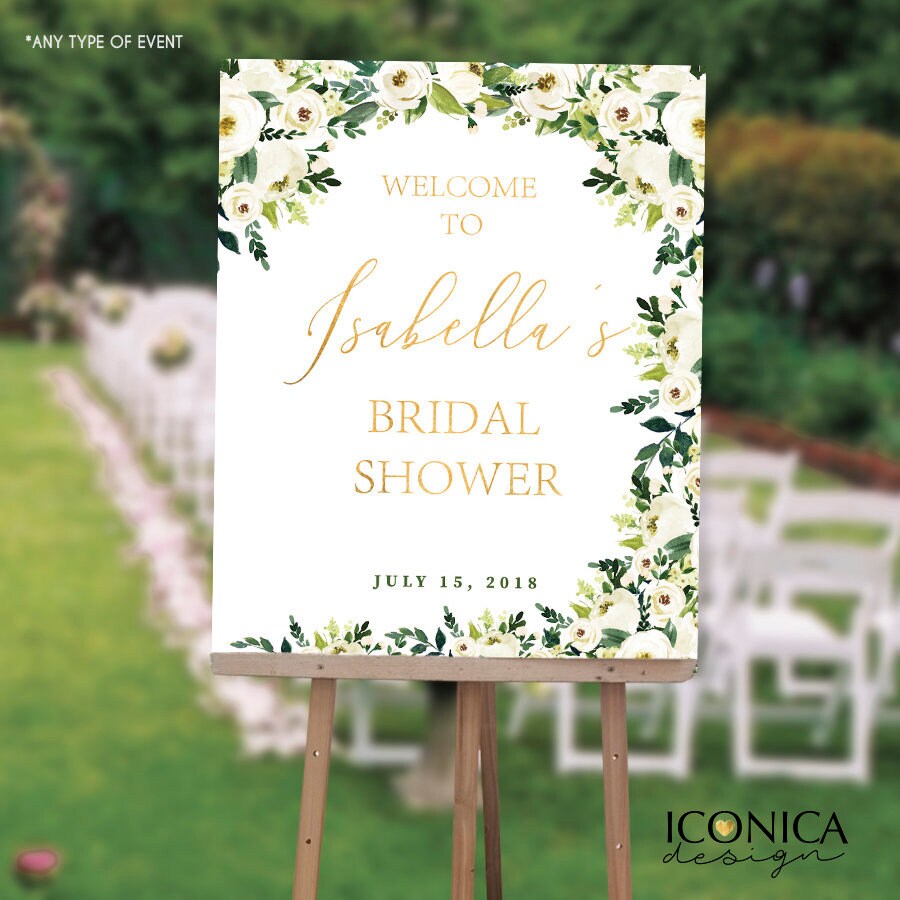 Floral Wedding Welcome Sign, White Gold Decor