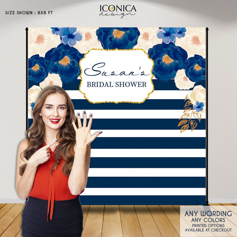 Navy and Gold Bridal Shower Backdrop, Personalized Photo Decor