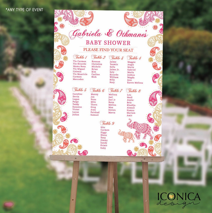 Moroccan Elephant Baby Shower Seating Chart, Custom Colors (Printed or Digital)