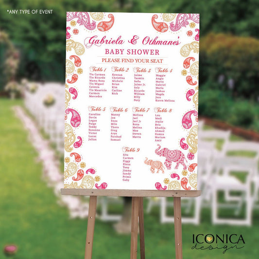 Moroccan Elephant Baby Shower Seating Chart, Custom Colors (Printed or Digital)