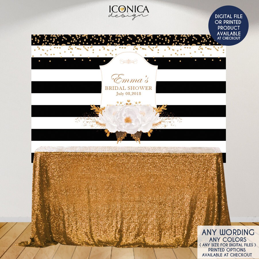 Black and White Striped Bridal Shower Backdrop, Floral Banner (Printed or Printable File)