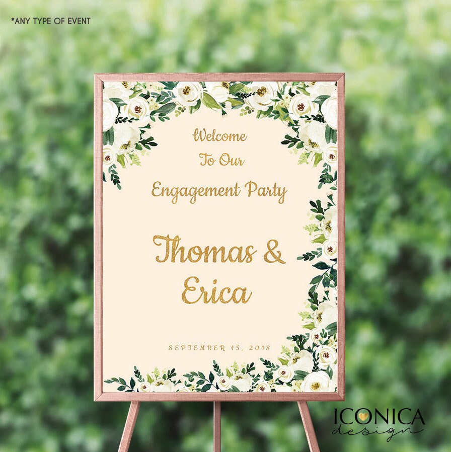 Engagement Party Decor,Wedding Welcome Sign, Beige and Gold Wedding Decor, White Flowers and Gold Decor,Printed Or Printable File SWWD006
