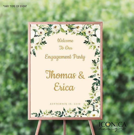 Engagement Party Decor,Wedding Welcome Sign, Beige and Gold Wedding Decor, White Flowers and Gold Decor,Printed Or Printable File SWWD006