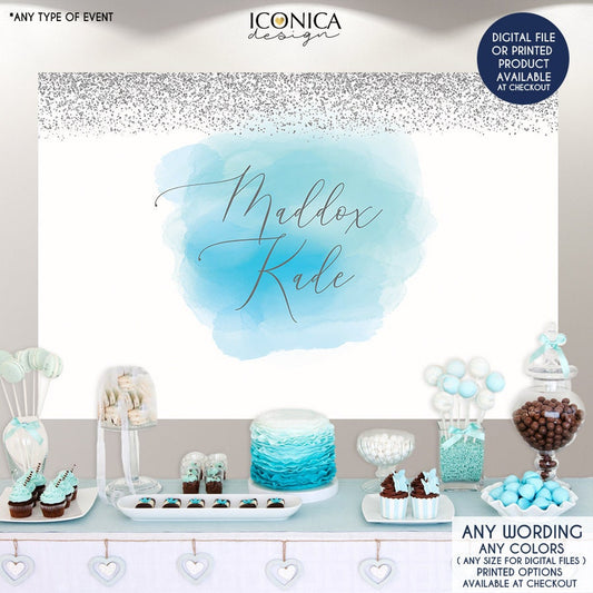 Silver and blue watercolor Backdrop, Personalized Photo Backdrop, Printed or Printable File BAE0021