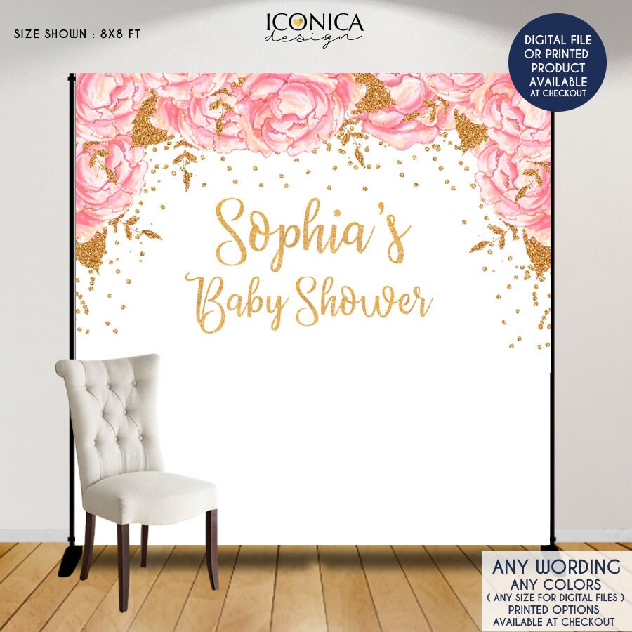 Pink Floral Baby Shower Backdrop, Gold Glitter Decor (Printed or Printable File)