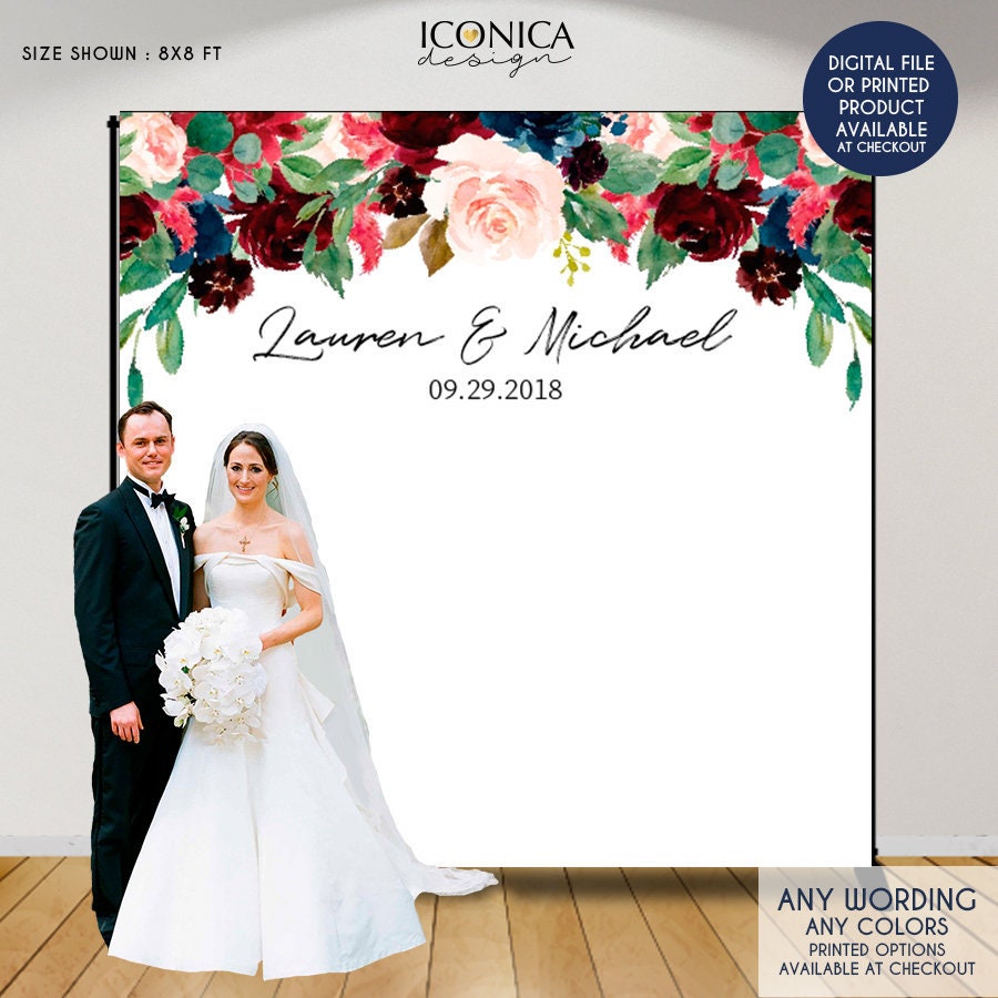 Floral Wedding Backdrop, Burgundy Navy Watercolor, Personalized Banner