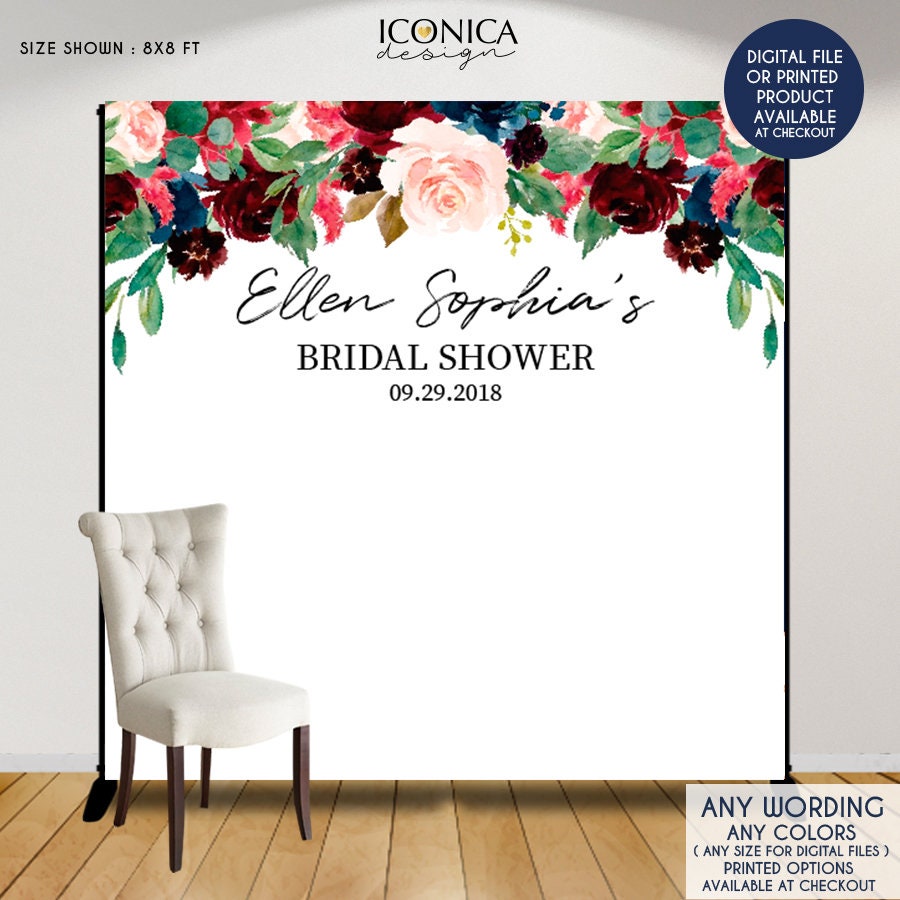 Floral Wedding Backdrop, Burgundy Navy Watercolor, Personalized Banner