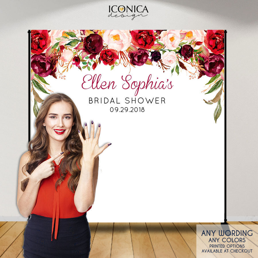 Floral Wedding Backdrop, Burgundy and Pink Watercolor (Vinyl or Fabric)