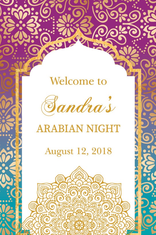 Moroccan Welcome Sign, Purple Teal Gold Decor, Personalized Event Sign