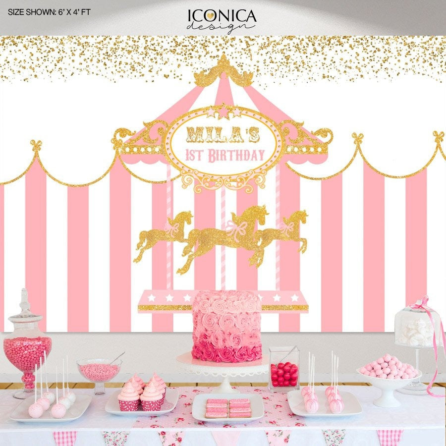 Pink and Gold Carousel 1st Birthday Backdrop, Carnival Party Decor (Printed or Printable File)