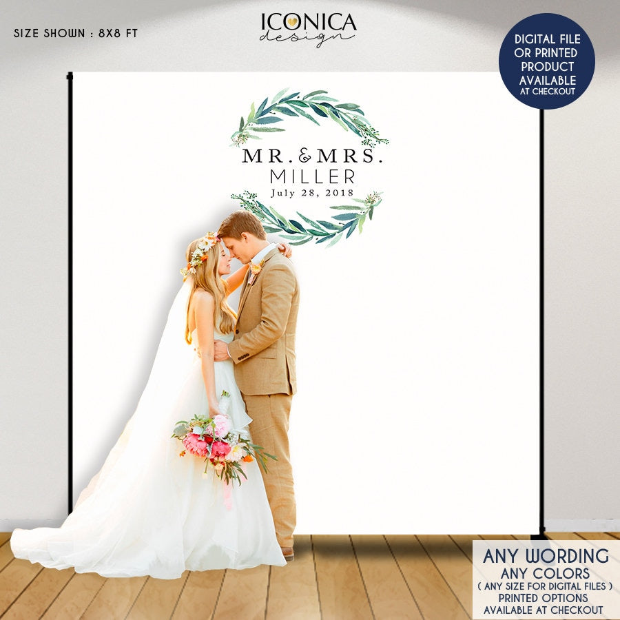 Greenery Wedding Photo Booth Backdrop, Personalized Step and Repeat (Printed or Digital File)