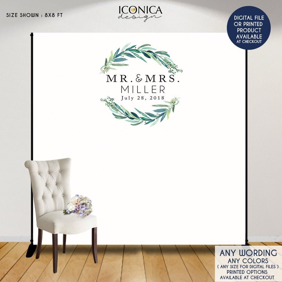 Greenery Wedding Photo Booth Backdrop, Personalized Step and Repeat (Printed or Digital File)