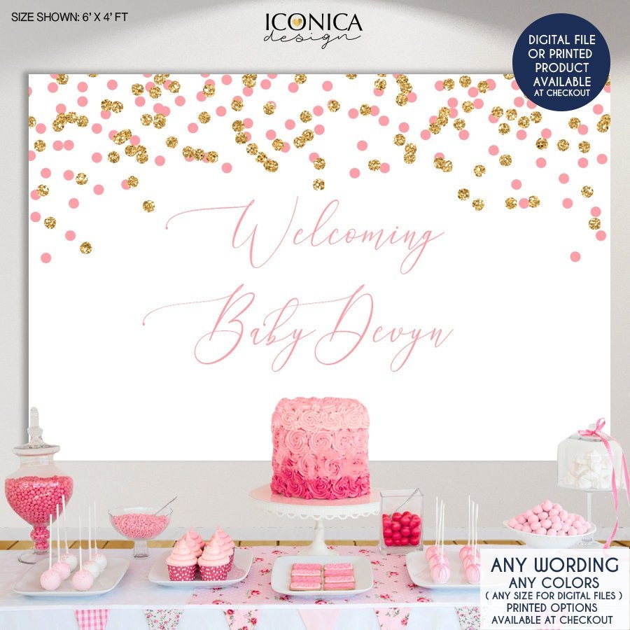 Pink and Gold Baby Shower Backdrop, Custom Welcome Banner (Digital or Printed)