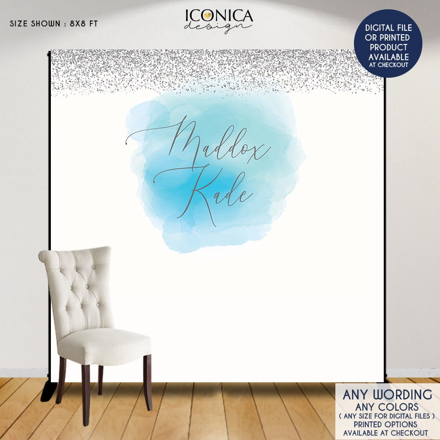 Silver and blue watercolor Backdrop, Personalized Photo Backdrop, Printed or Printable File BAE0021