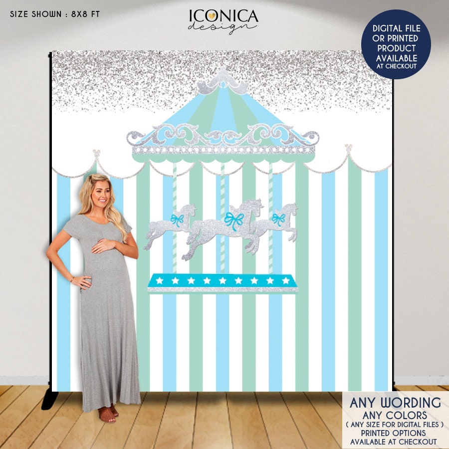 Carousel First Birthday Backdrop, Blue Carnival Party Decor (Printed or Printable File)