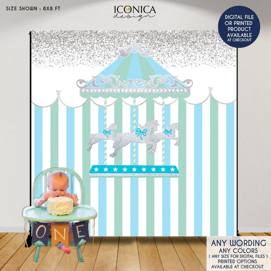 Carousel First Birthday Backdrop, Blue Carnival Party Decor (Printed or Printable File)