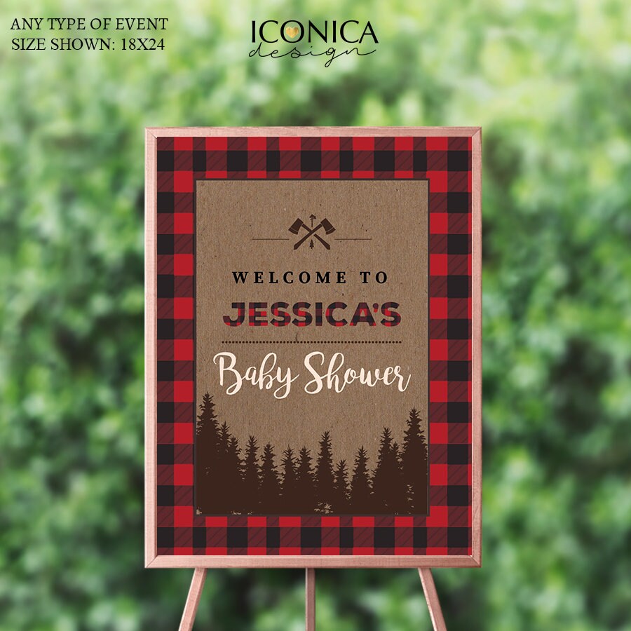 Lumberjack First Birthday Welcome Sign, Buffalo Plaid Decor