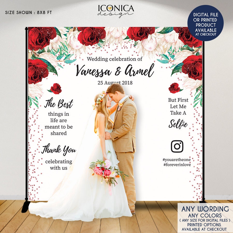 Personalized Wedding Photo Backdrop, Red Rose Gold Decor