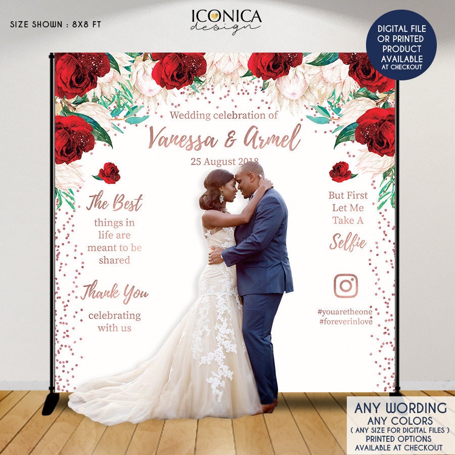 Red Rose Wedding Photo Backdrop, Personalized Floral Decor (Digital or Printed)