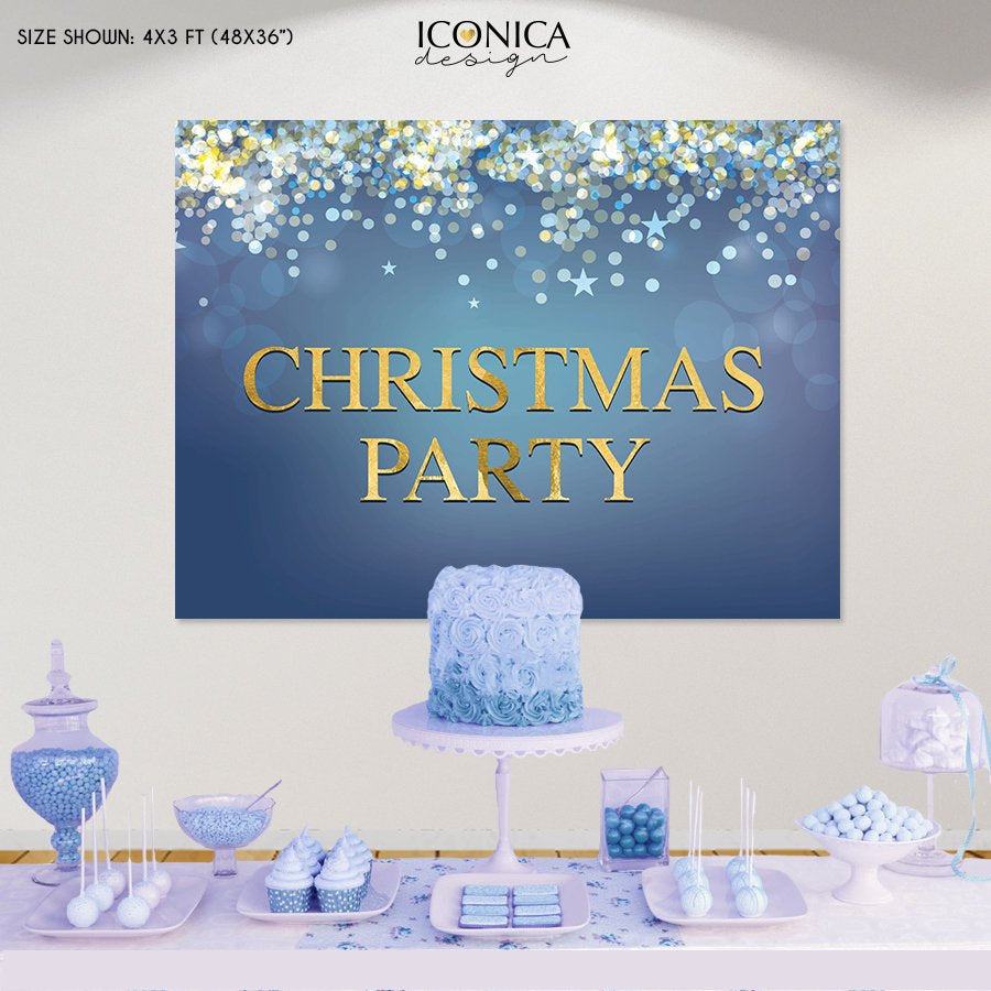 Blue & Gold Christmas Party Backdrop, Sparkle Banner (Printed or Printable File)