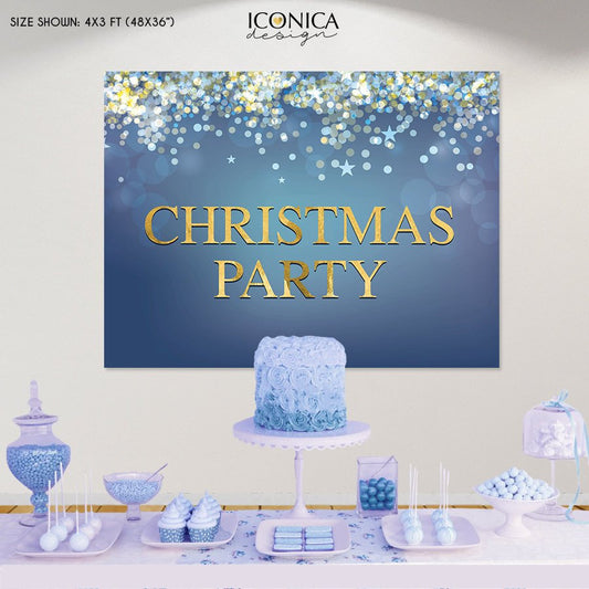 Blue & Gold Christmas Party Backdrop, Sparkle Banner (Printed or Printable File)