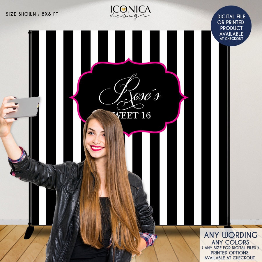 Sweet 16 Party Backdrop, Black White Stripes, Custom Colors (Printed or Digital)