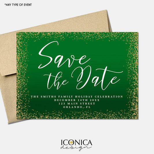 Green & Gold Confetti Christmas Save the Date Cards (Printed or Printable File)