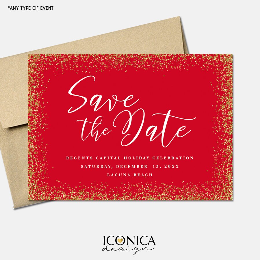 Green & Gold Confetti Christmas Save the Date Cards (Printed or Printable File)