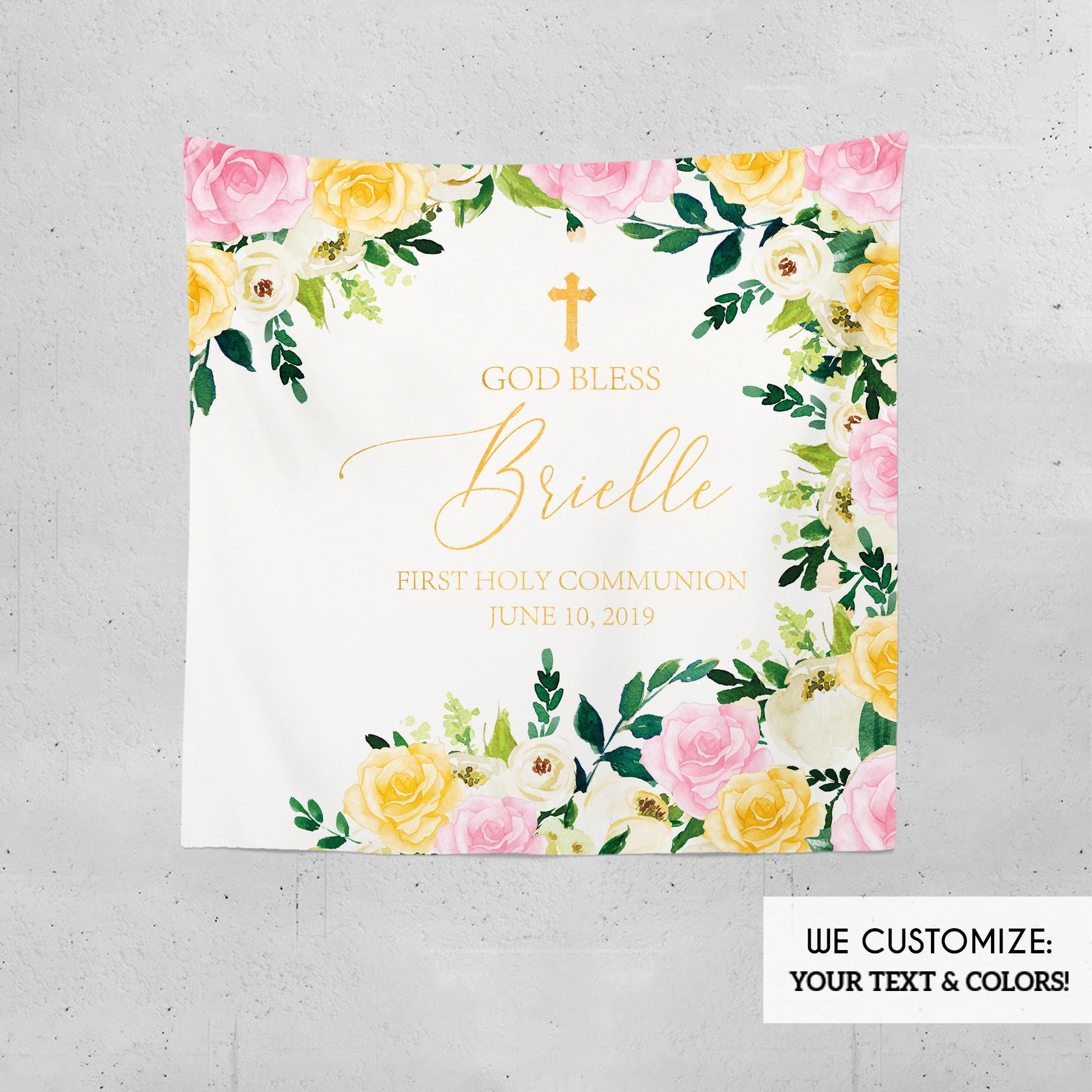Personalized First Communion Backdrop, Floral Pink Gold Ivory Decor