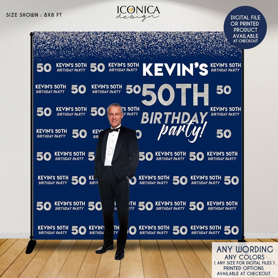 Blue Silver 50th Birthday Backdrop, Personalized Party Decor (Printed or Printable File)