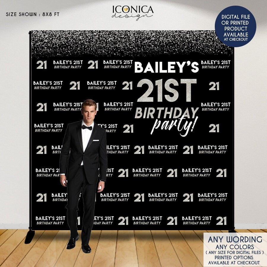 Customizable 21st Birthday Photo Booth Backdrop, Black & Silver (Printed or Printable)