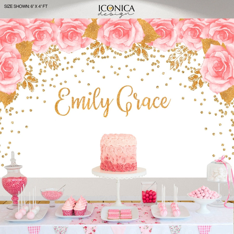 Pink Floral Baby Shower Backdrop, Gold Glitter Decor (Printed or Printable File)