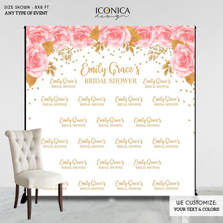 Pink Floral Bridal Shower Backdrop, Gold Glitter Decor (Printed or Printable File)