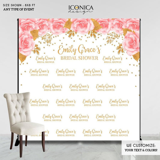 Pink Floral Bridal Shower Backdrop, Gold Glitter Decor (Printed or Printable File)