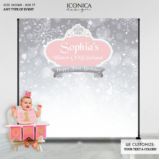Winter ONEderland Birthday Backdrop, Snowflakes, Winter Princess (Printed or Printable File)