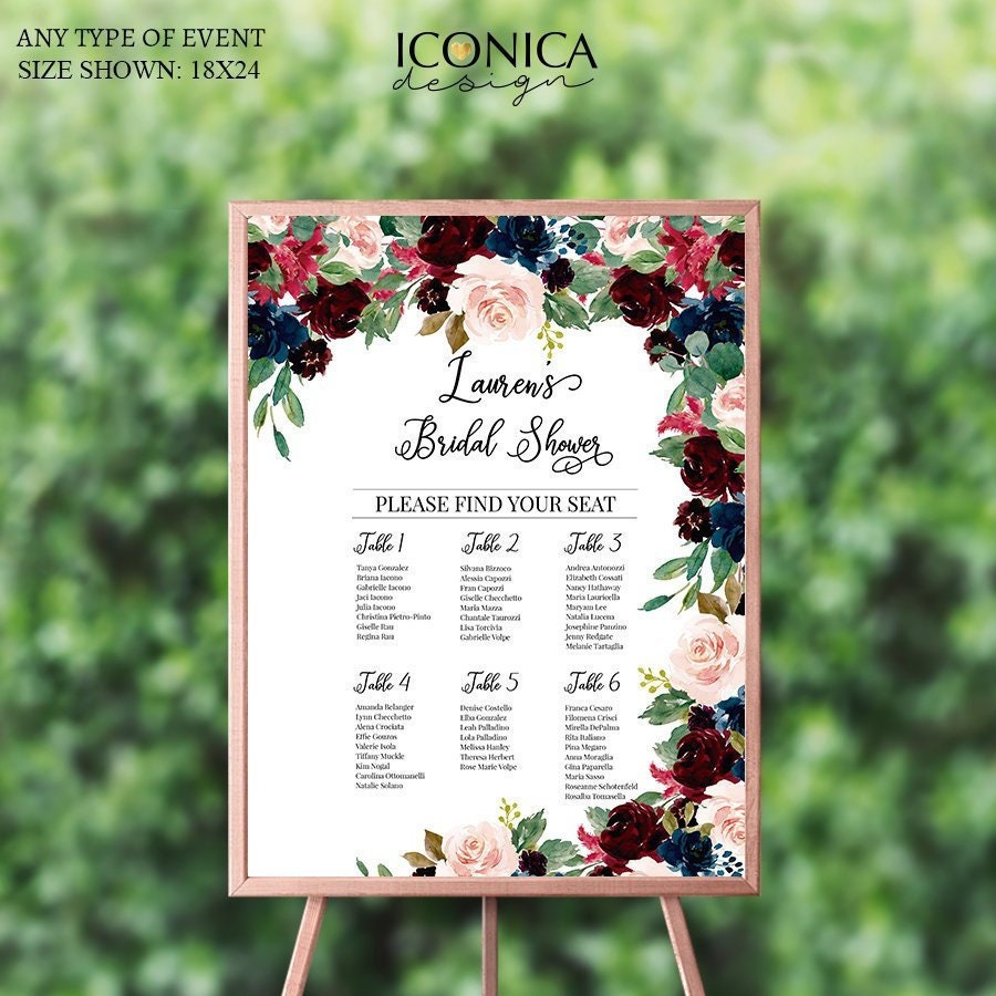 Navy Burgundy Floral Wedding Seating Chart, Printed Guest List