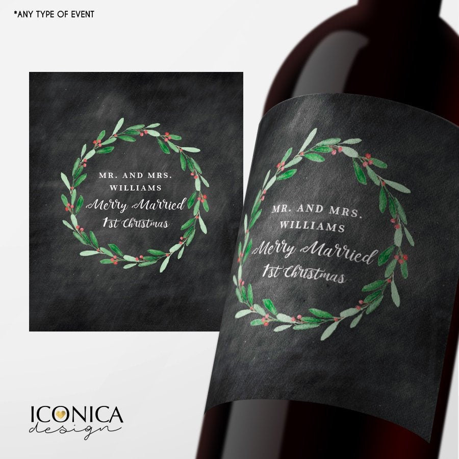 Personalized 1st Christmas Wine Labels, Merry Married Bottle Wrappers