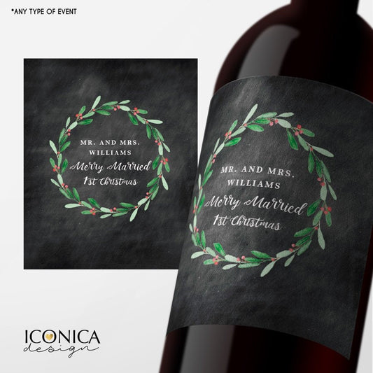 Personalized 1st Christmas Wine Labels, Merry Married Bottle Wrappers