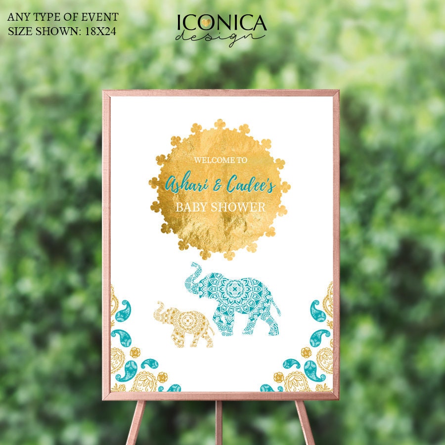 Moroccan Elephant Baby Shower Welcome Sign, Teal and Gold, Custom Printed