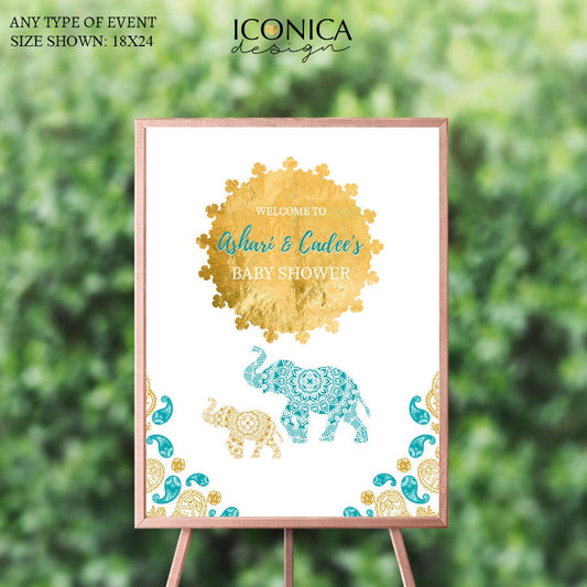 Moroccan Elephant Baby Shower Welcome Sign, Teal and Gold, Custom Printed