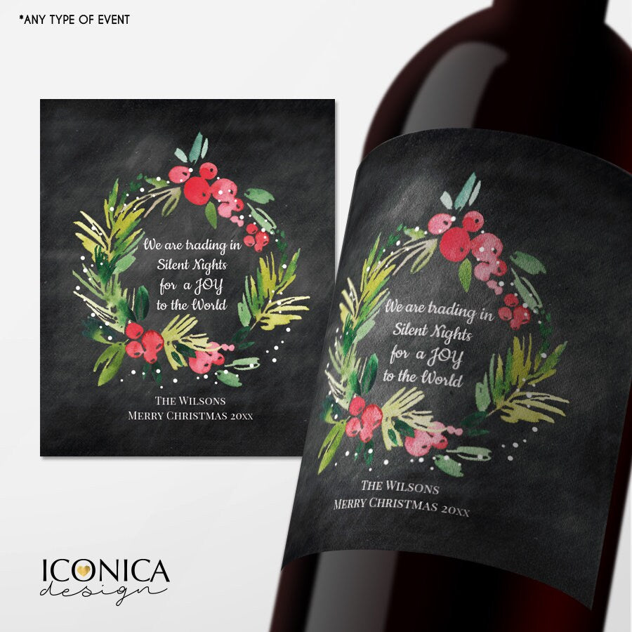 Personalized Christmas Wreath Wine Labels, Holiday Bottle Wrappers (Digital or Printed)