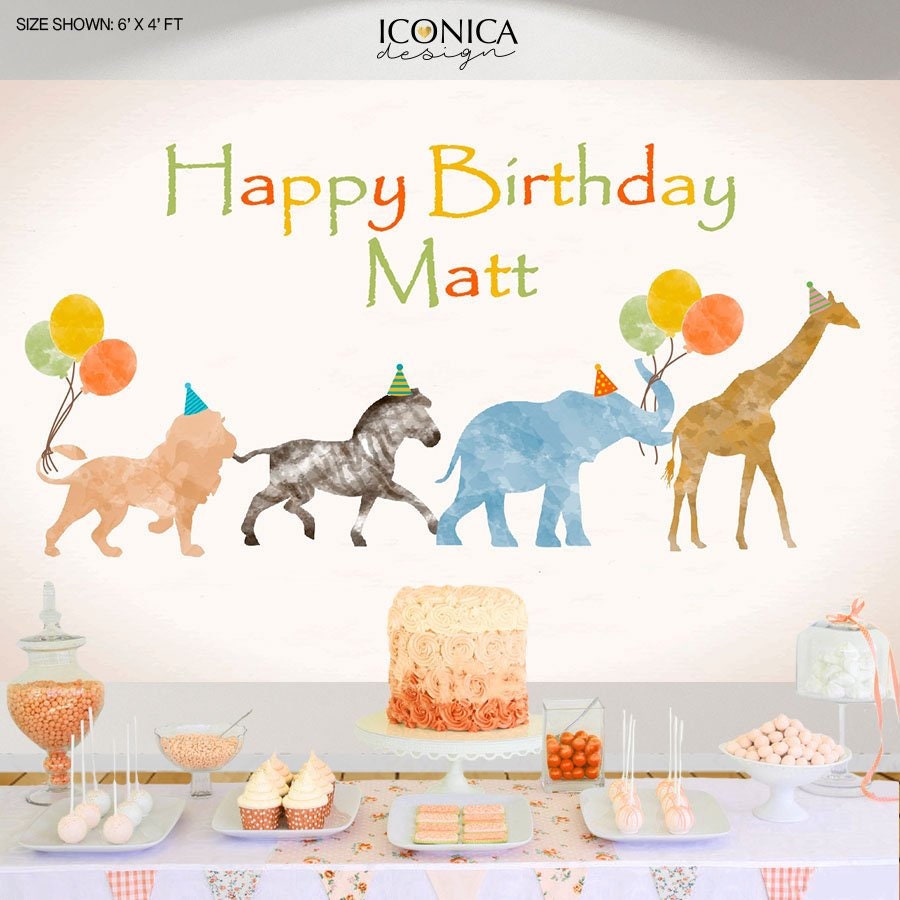 Safari Birthday Backdrop, Watercolor Jungle Animals, Party Decor