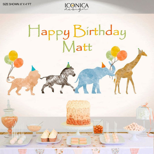 Safari Birthday Backdrop, Watercolor Jungle Animals, Party Decor
